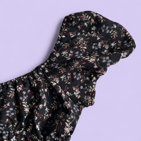 Moa Moa Black Floral Off-Shoulder Ruffle Crop Top – Size Medium - Picture 3 of 8